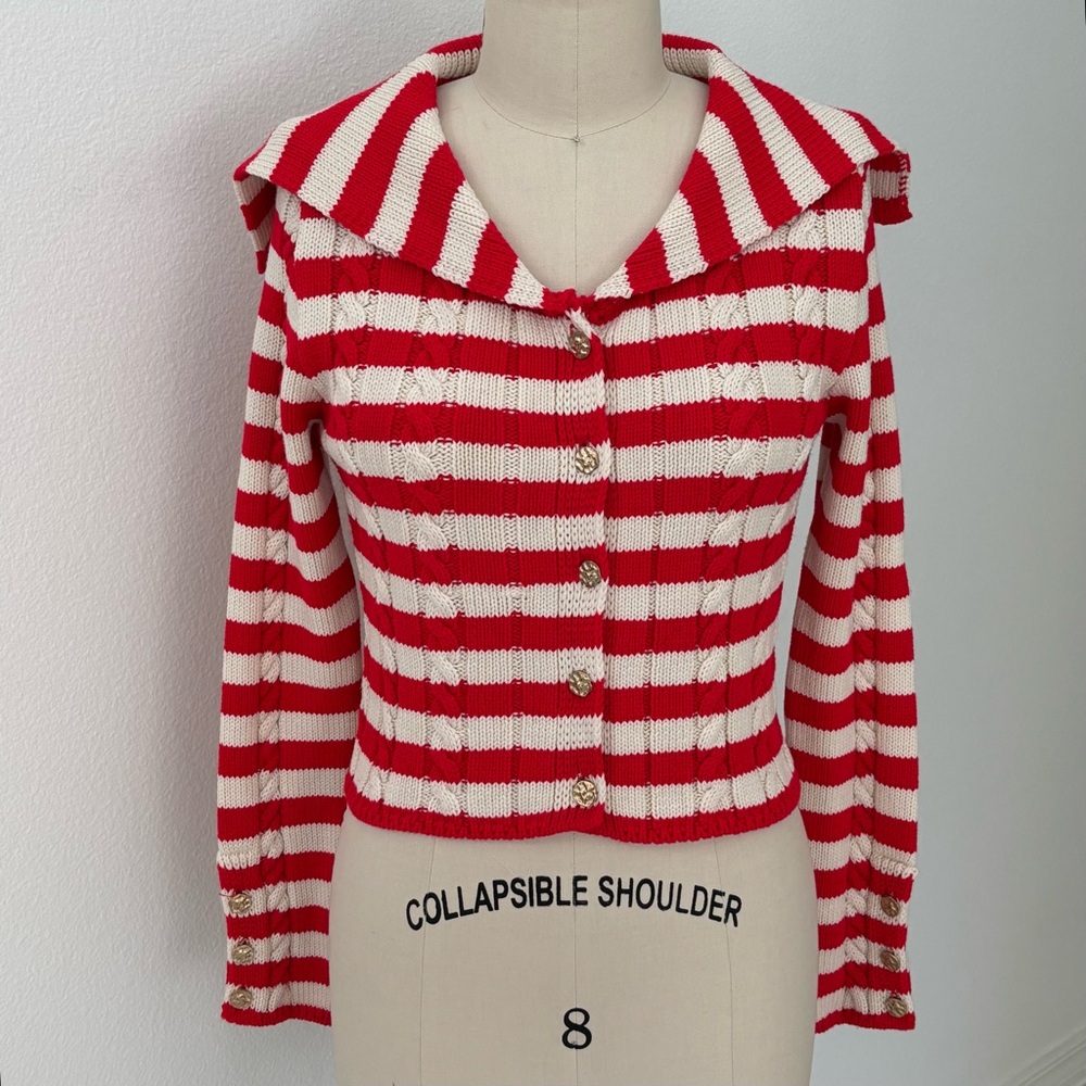 Zara Cable Knit Cardigan NWOT Nautical Cropped Bold Red & Cream Stripe M